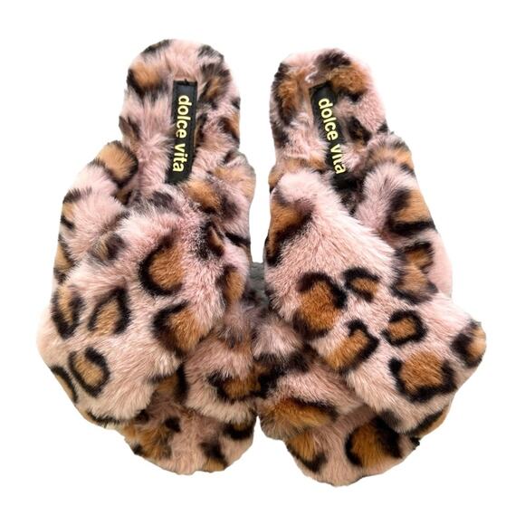 Dolce Vita Leopard Print Faux Fur Cross Band Slippers Womens Cozy Plush Slides 6 - Picture 1 of 8